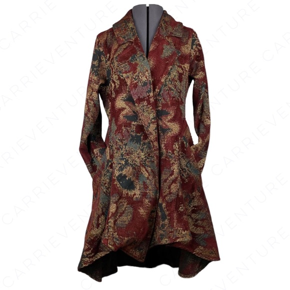 Vintage Jackets & Blazers - Vintage CMC Brocade Tapestry Open Front Maroon Red Gold Jacket High Low Pockets